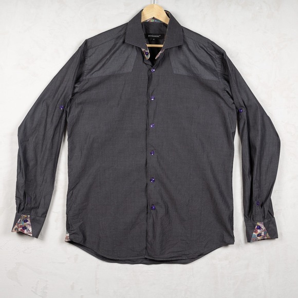 Bogosse Men's Designer Gray Paisley Trim Button Down Dress Shirt Size 4 Large - Picture 1 of 12